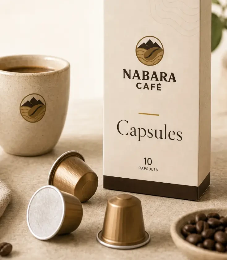 Capsules Nabara Café avec tasse et grains