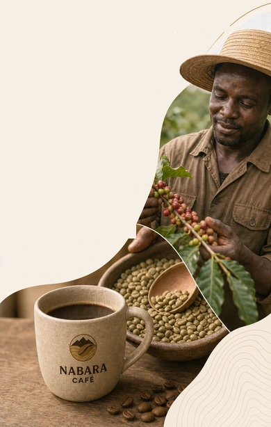 Producteur tenant des cerises de café, grains verts et tasse Nabara