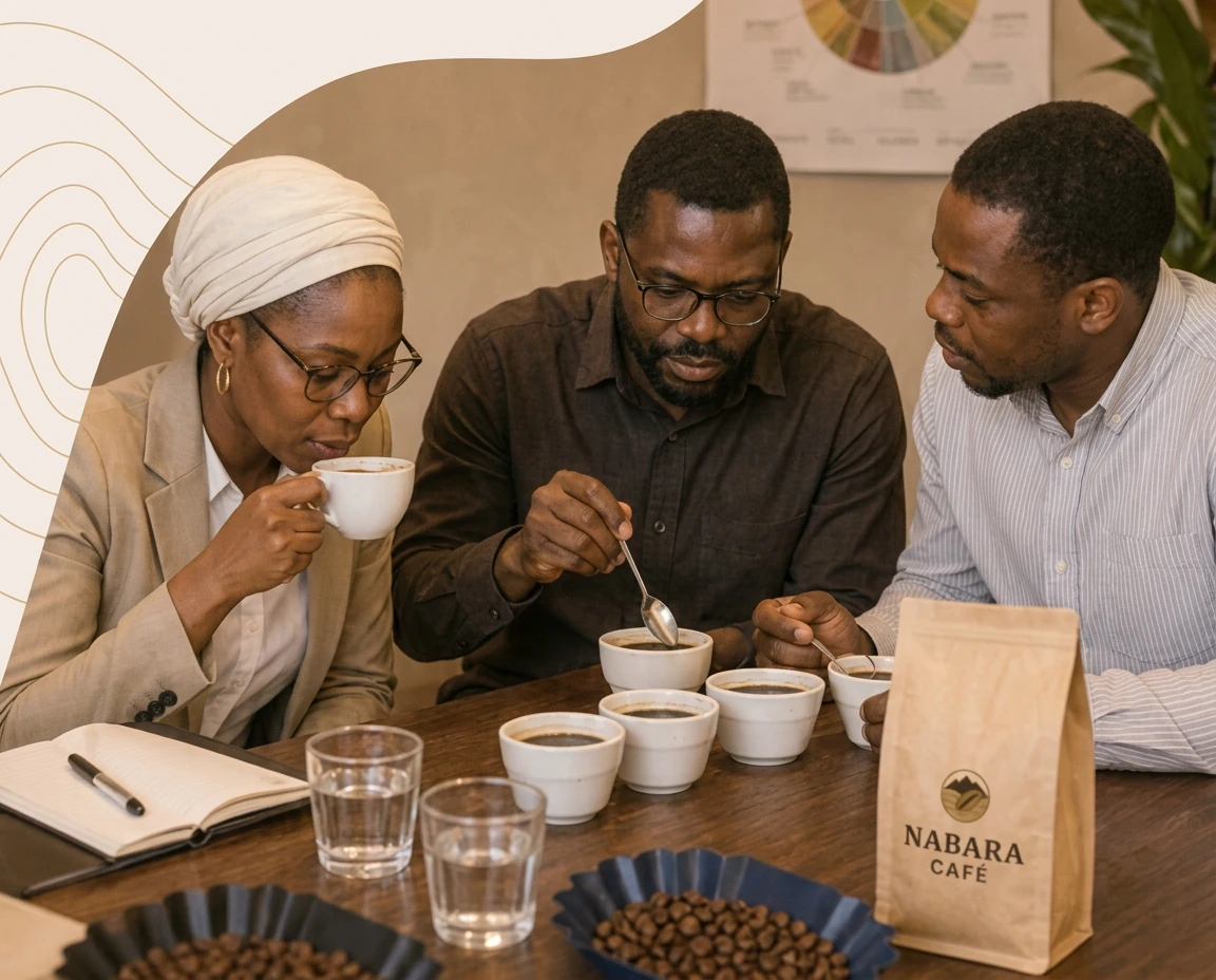 Professionnels goûtant des cafés Nabara autour d’une table