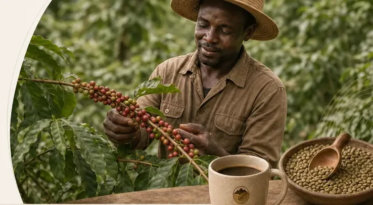 Producteur tenant des cerises de café, grains verts et tasse Nabara