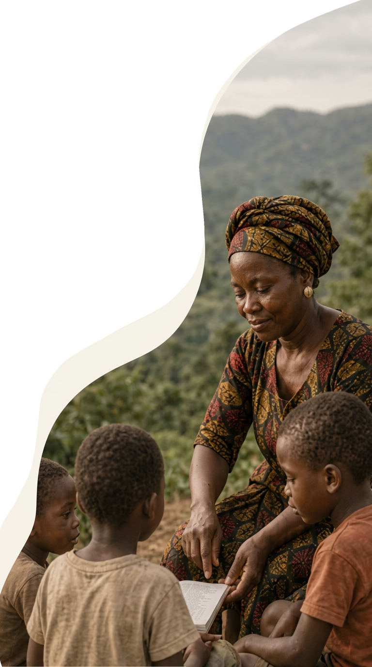Une femme guinéenne partageant un livre avec trois enfants