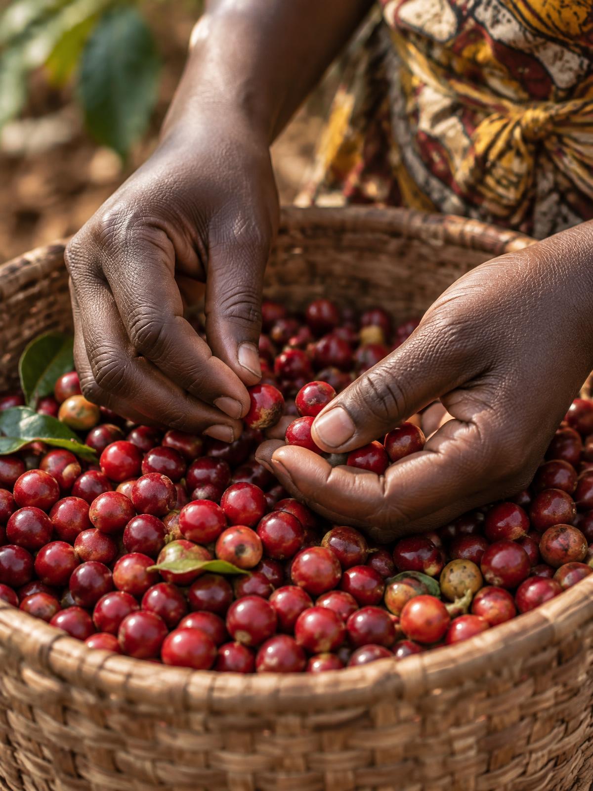 Mains triant des cerises de café